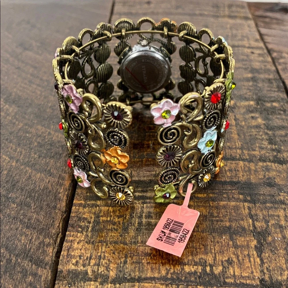 NWT Strada Gold-Toned Floral Metalwork Bracelet Watch Wide Band Stretch Flower